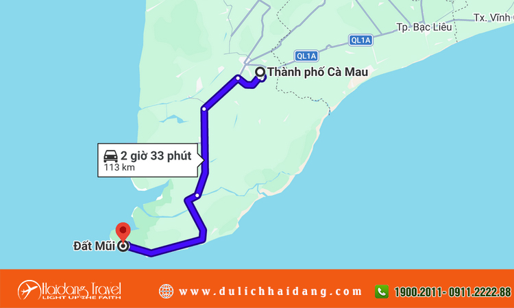 Từ TP Cà Mau đến đất mũi bao nhiêu km
